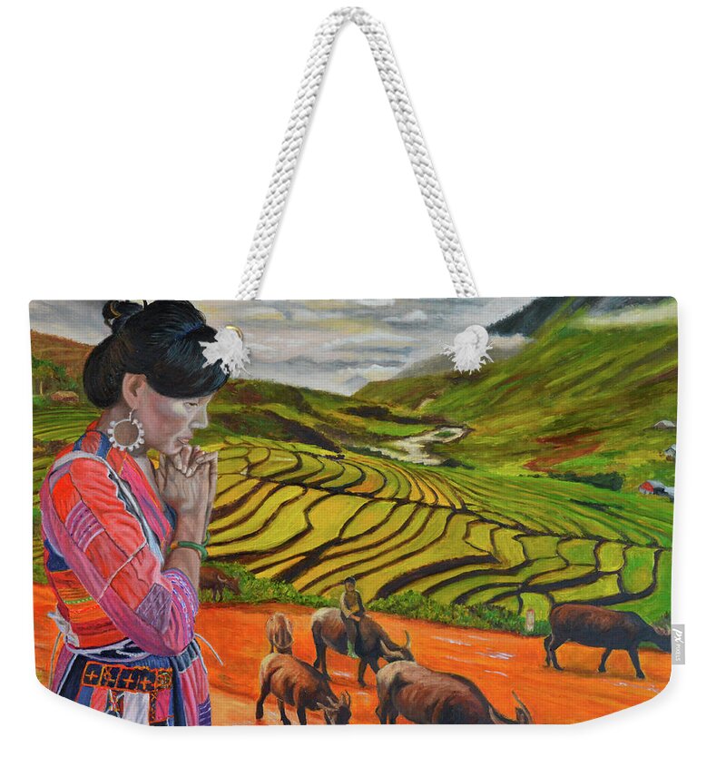 Hmong Woman Weekender Tote Bag featuring the painting Mother's Land by Thu Nguyen