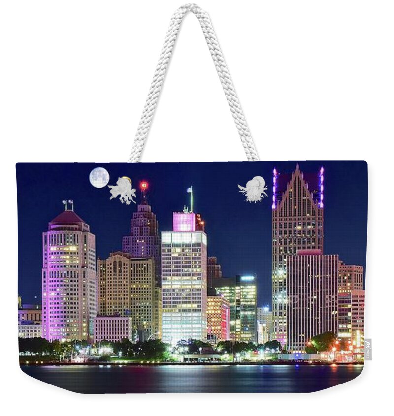 Detroit Weekender Tote Bag featuring the photograph Motor City Night with Full Moon by Frozen in Time Fine Art Photography