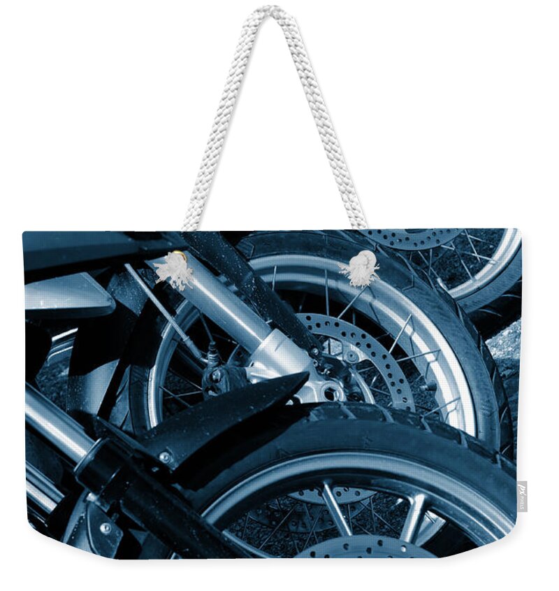 Vertical Weekender Tote Bag featuring the photograph Motorbike Wheels by Carlos Caetano