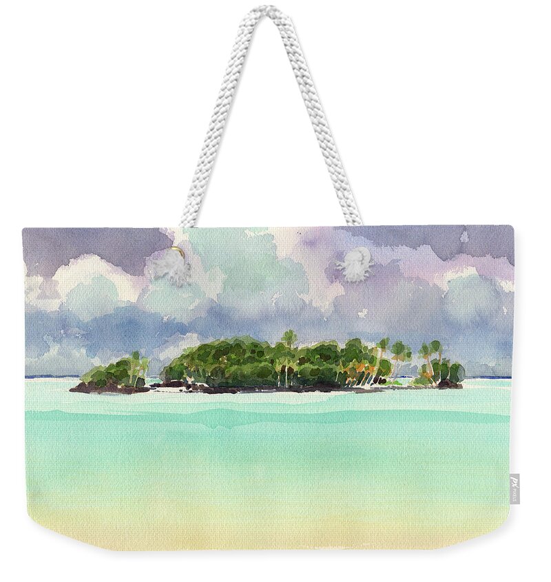 Landscape Weekender Tote Bag featuring the painting Motu Rapota, Aitutaki, Cook Islands, South Pacific by Judith Kunzle