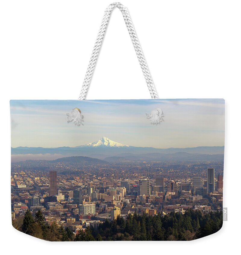 Mount Hood Weekender Tote Bag featuring the photograph Mount Hood over City of Portland Oregon by David Gn