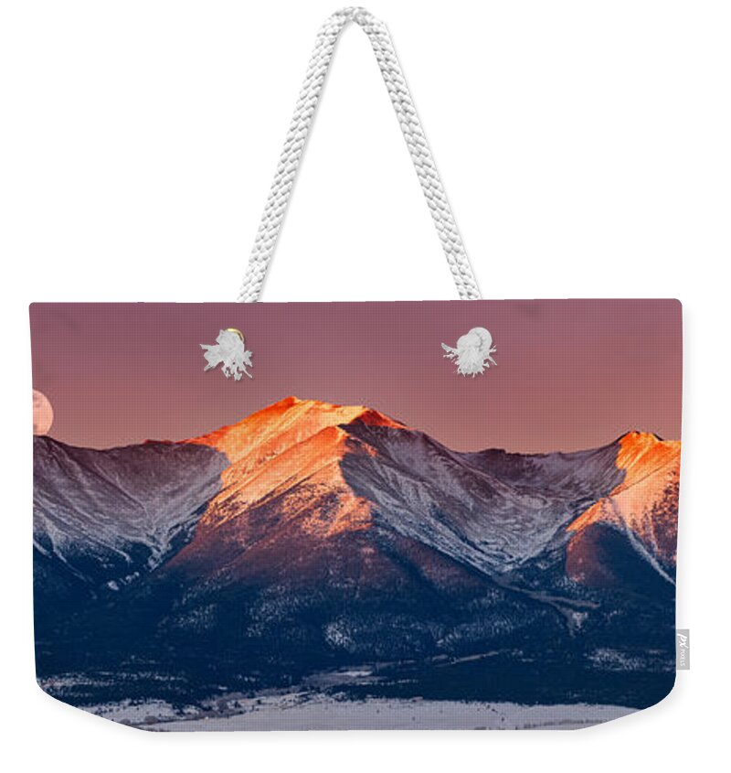 Pano Weekender Tote Bag featuring the photograph Mount Princeton Moonset at Sunrise by Darren White