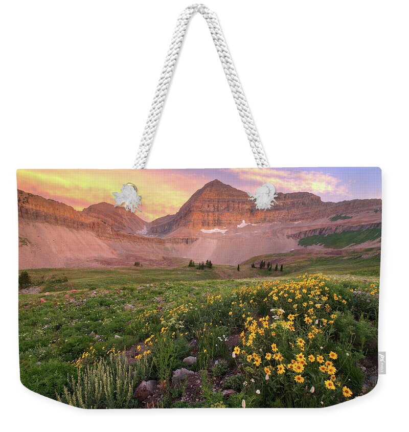 Utah Weekender Tote Bag featuring the photograph Mount Timpanogos Wildflower Sunset - Utah by Brett Pelletier