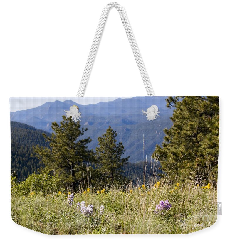 Colorful Weekender Tote Bag featuring the photograph Mountain Bluebell and Wildflowers in Ute Pass by Steven Krull