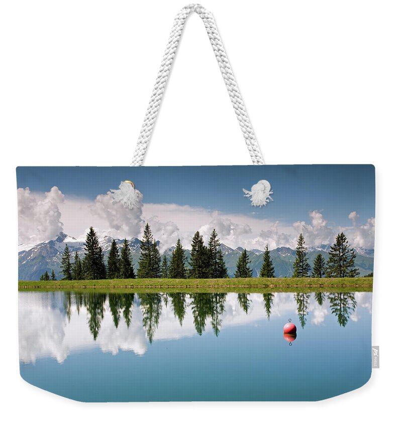 Mountain Weekender Tote Bag featuring the photograph Mountain Lake and Firs with Reflection on Schmittenhohe Zell am See Trail by Aivar Mikko