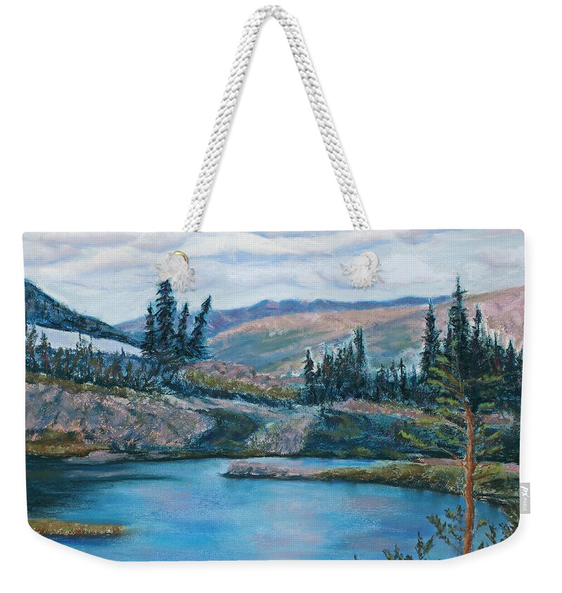 Mountain Weekender Tote Bag featuring the painting Mountain Lake by Mary Benke