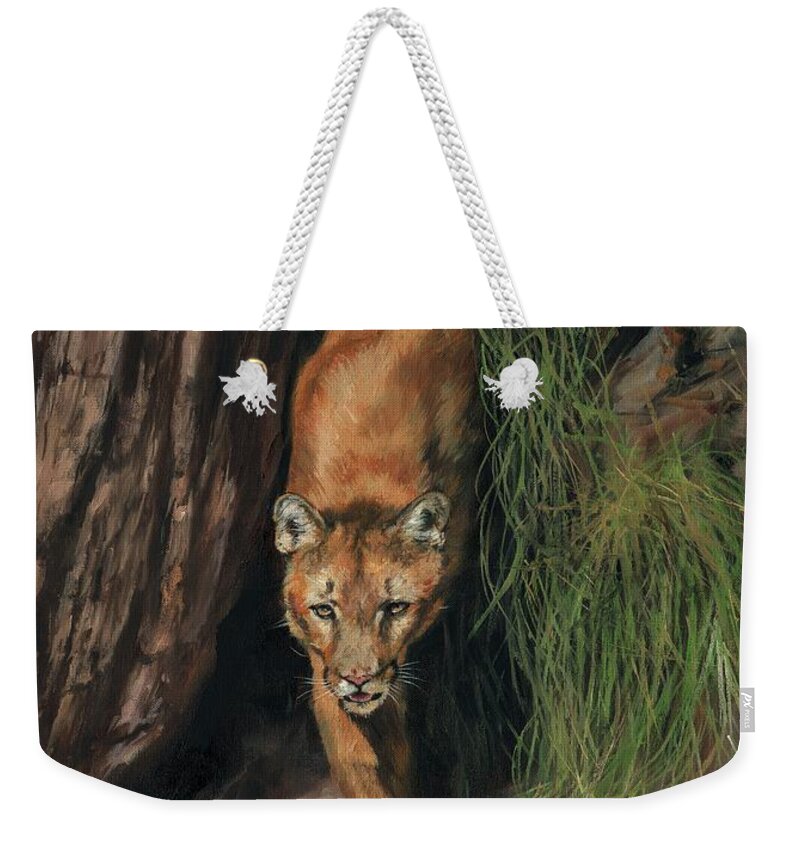 Mountain Lion Weekender Tote Bag featuring the painting Mountain Lion Emerging From Shadows by David Stribbling
