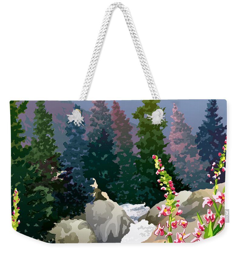 Rocky Mountains Weekender Tote Bag featuring the digital art Mountain Stream by Anne Gifford