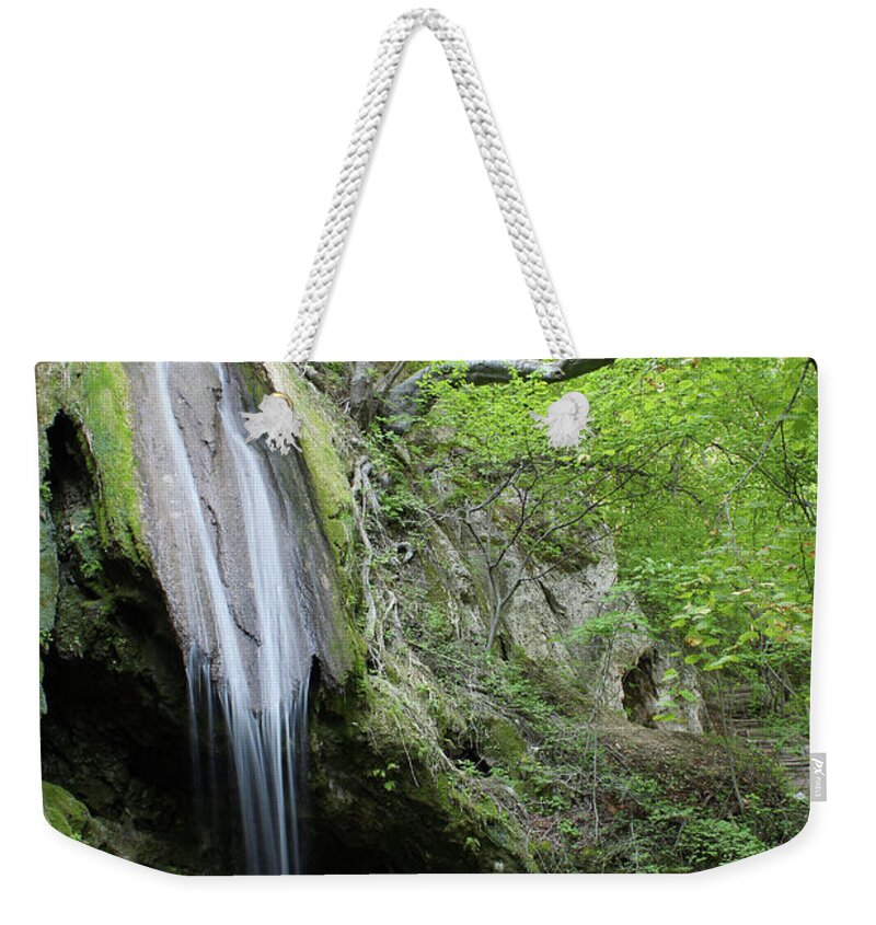 Waterfall Weekender Tote Bag featuring the photograph Mountain Waterfall Spring Nature Scene by Goce Risteski