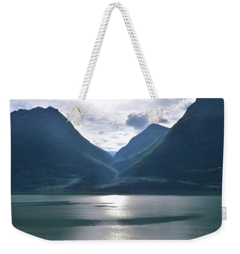 Lustrafjorden Weekender Tote Bag featuring the photograph Mountains Along Lustrafjorden by Terence Davis