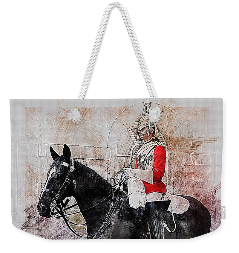 Household Cavalry Weekender Tote Bag featuring the digital art Mounted Household Cavalry Soldier On Guard Duty in Whitehall Lon by Anthony Murphy