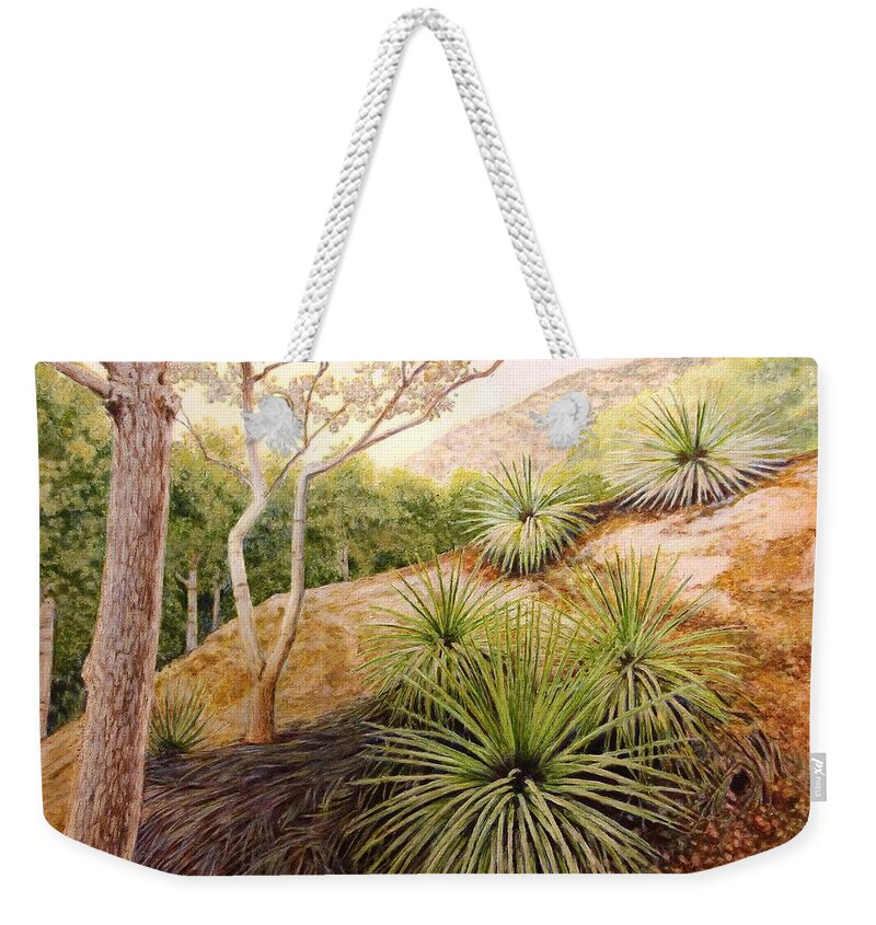 Mountains Weekender Tote Bag featuring the painting Mountian Yucca by Andrew Danielsen