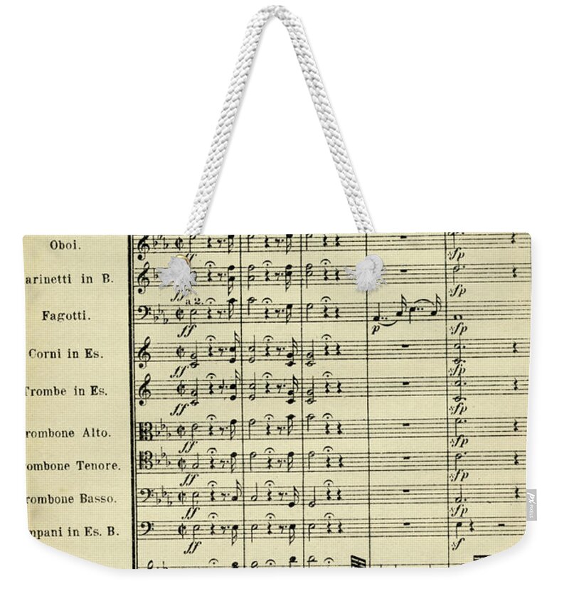 Mozart Weekender Tote Bag featuring the drawing Mozart. Opening page of score for Overture from opera Magic Flute, Die Zauberflote by Wolfgang Amadeus Mozart