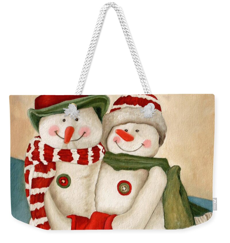 Snowman Weekender Tote Bag featuring the painting Mr. And Mrs. Snowman Vintage by Angeles M Pomata