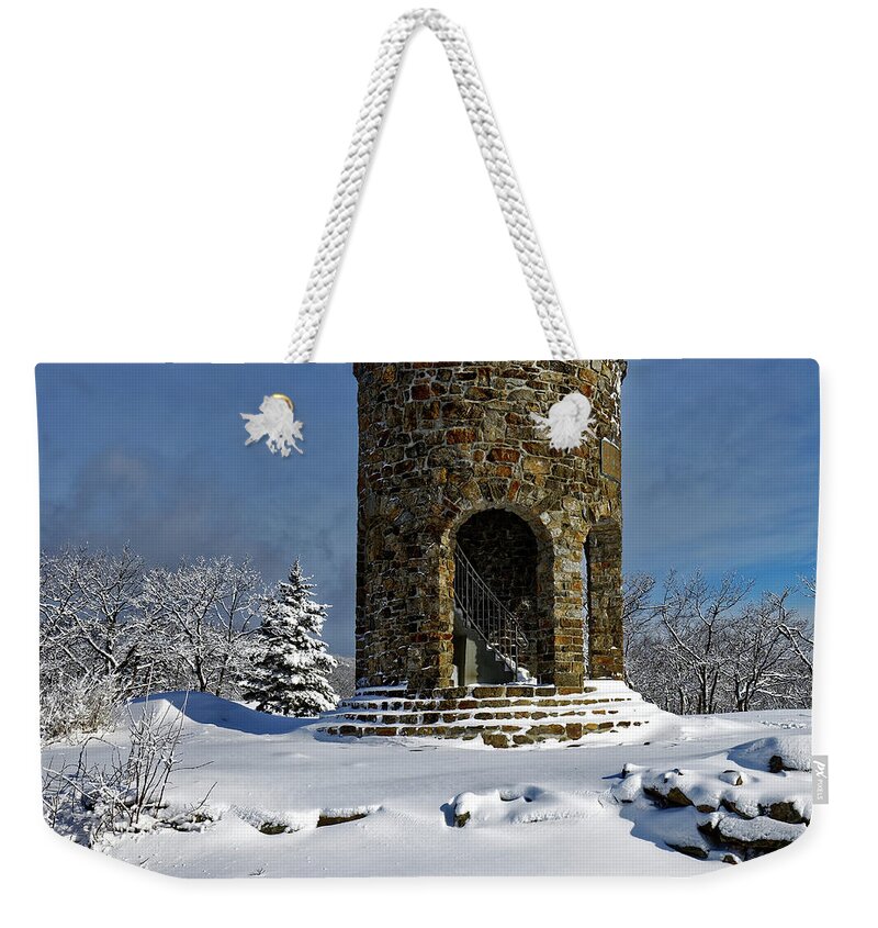 Tower Weekender Tote Bag featuring the photograph Mt. Battie tower, Camden, Maine by Kevin Shields