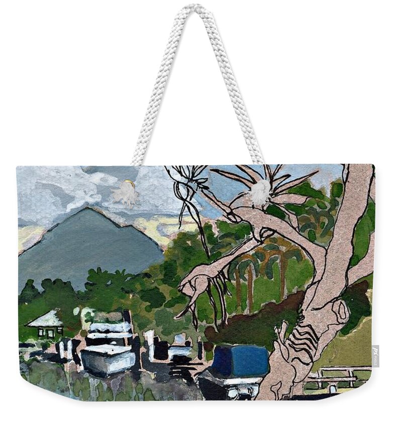 Noosa & Nearby Weekender Tote Bag featuring the painting Mt Cooroy from Noosa Sound by Joan Cordell