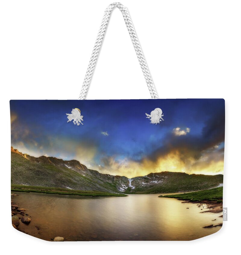 American West Weekender Tote Bag featuring the photograph Mt. Evens Summit Lake Sunset by Chris Bordeleau