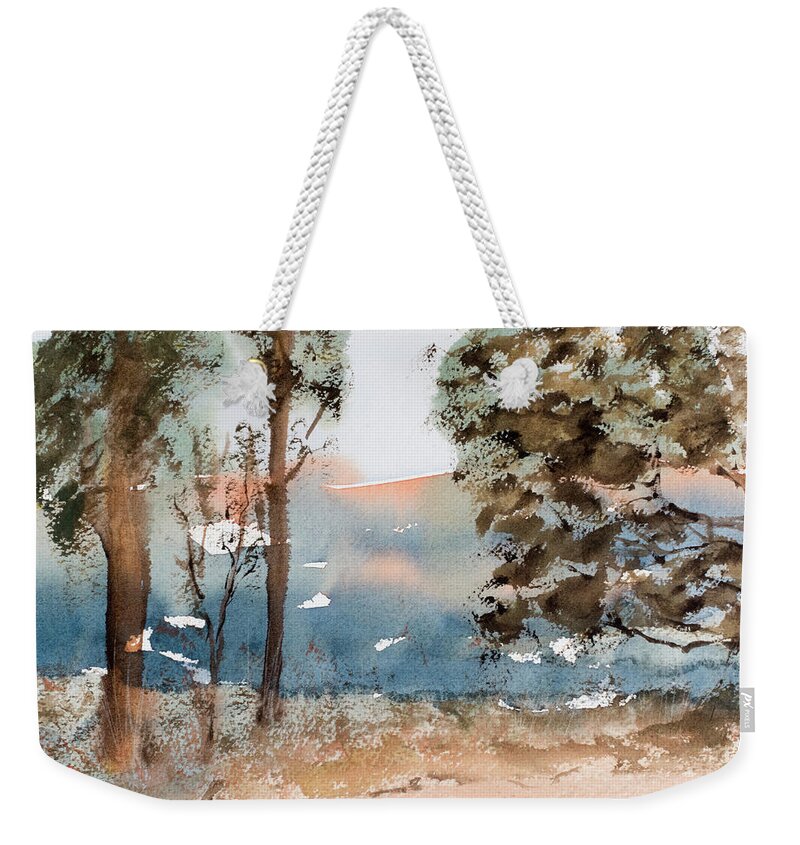 Mt Field National Park Weekender Tote Bag featuring the painting Mt Field Gum Tree Silhouettes against Salmon coloured Mountains by Dorothy Darden