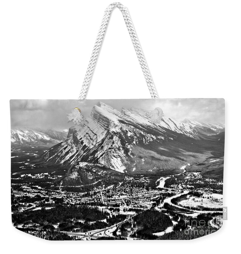 Mt Rundle Weekender Tote Bag featuring the photograph Mt Rundle Aerial View Black And White by Adam Jewell