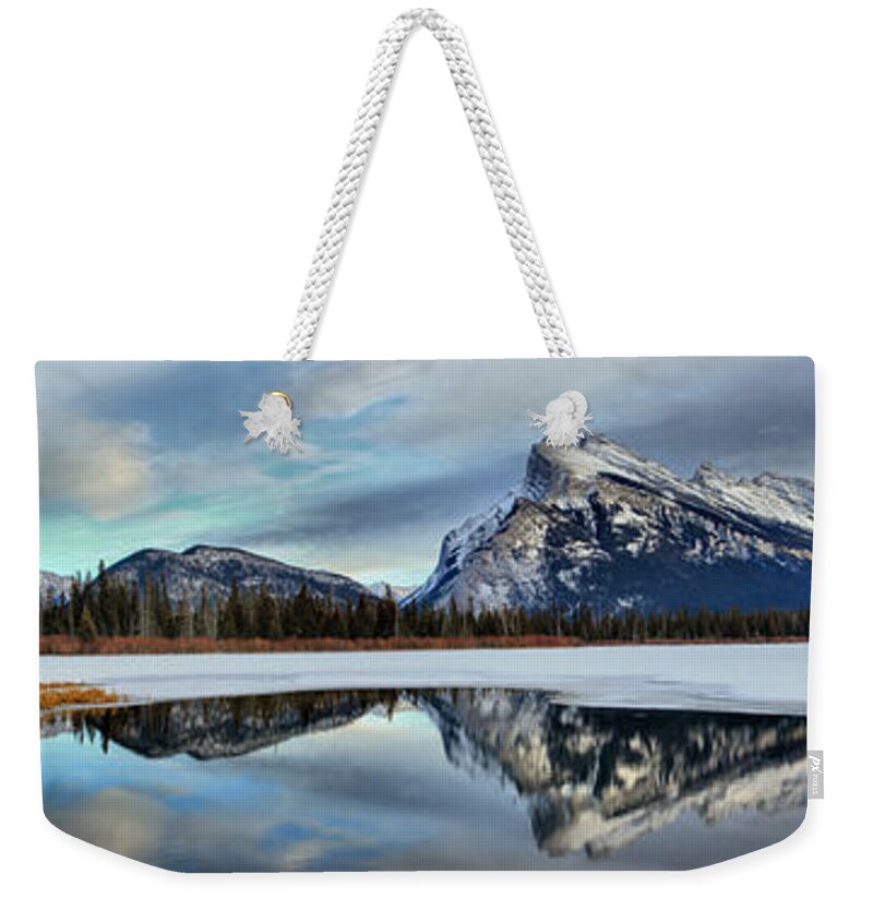 Mt Rundle Weekender Tote Bag featuring the photograph Mt Rundle Reflection Panorama by Adam Jewell