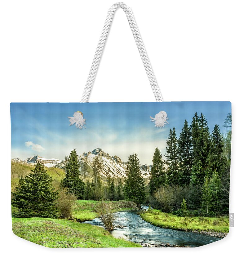 Landscape Weekender Tote Bag featuring the photograph Mt. Sneffels Peak by Angela Moyer