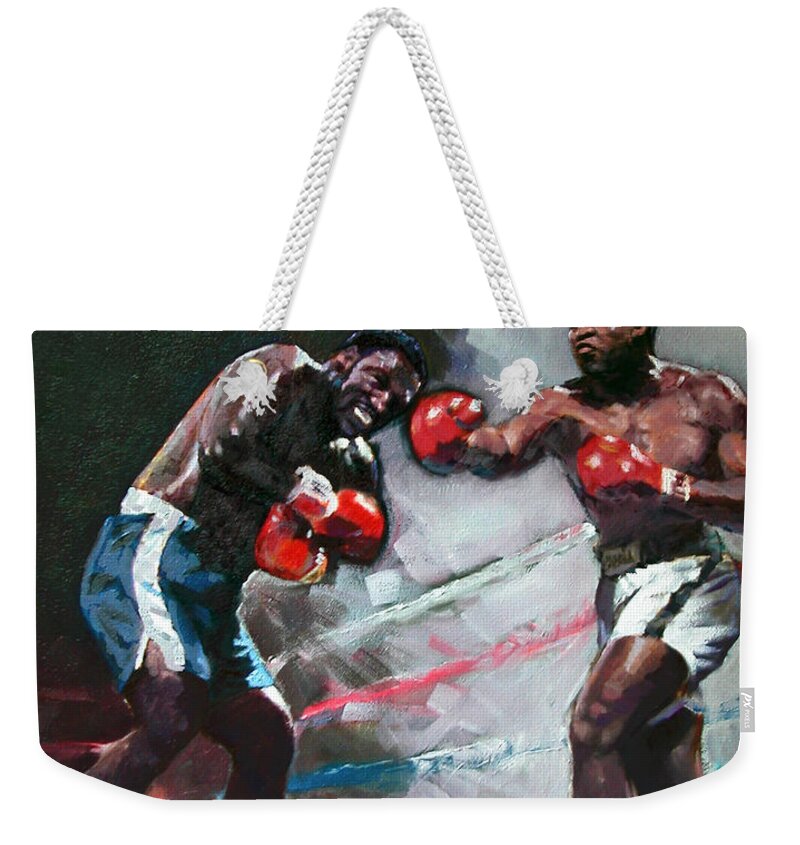 Muhammad Ali Weekender Tote Bag featuring the painting Muhammad Ali and Joe Frazier by Ylli Haruni