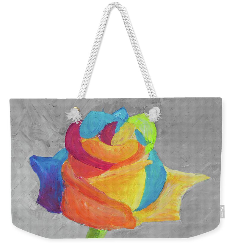 Hibiscus Weekender Tote Bag featuring the painting Multi Color Rainbow Rose by Ken Figurski