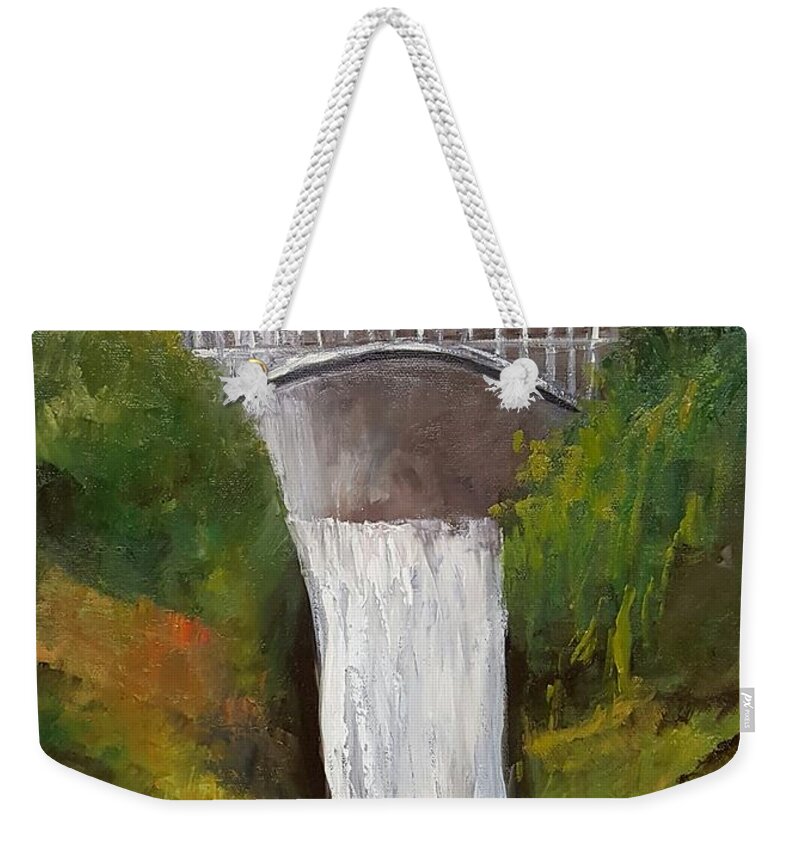 Oils On Canvas Weekender Tote Bag featuring the painting Multnomah Falls by Barbara Haviland