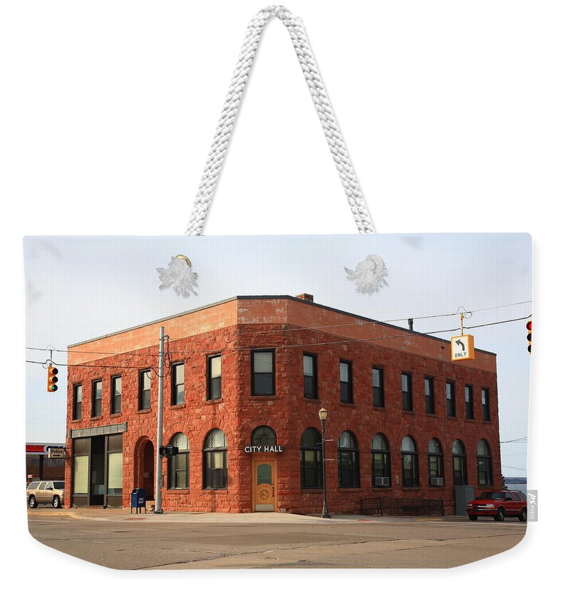 America Weekender Tote Bag featuring the photograph Munising Michigan City Hall by Frank Romeo
