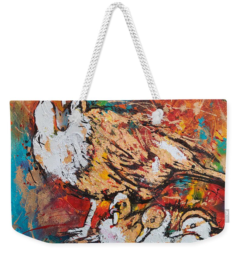 Muscovy Duck And Ducklings. Birds Weekender Tote Bag featuring the painting Muscovy Ducklings by Jyotika Shroff
