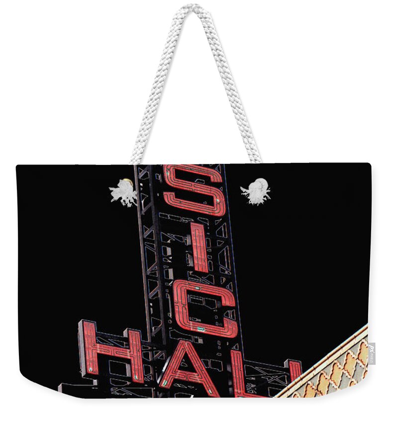 Music Hall Weekender Tote Bag featuring the photograph Music Hall Sign by Grace Grogan
