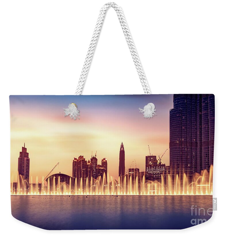 Arab Weekender Tote Bag featuring the photograph Musical fountain of Dubai by Anna Om