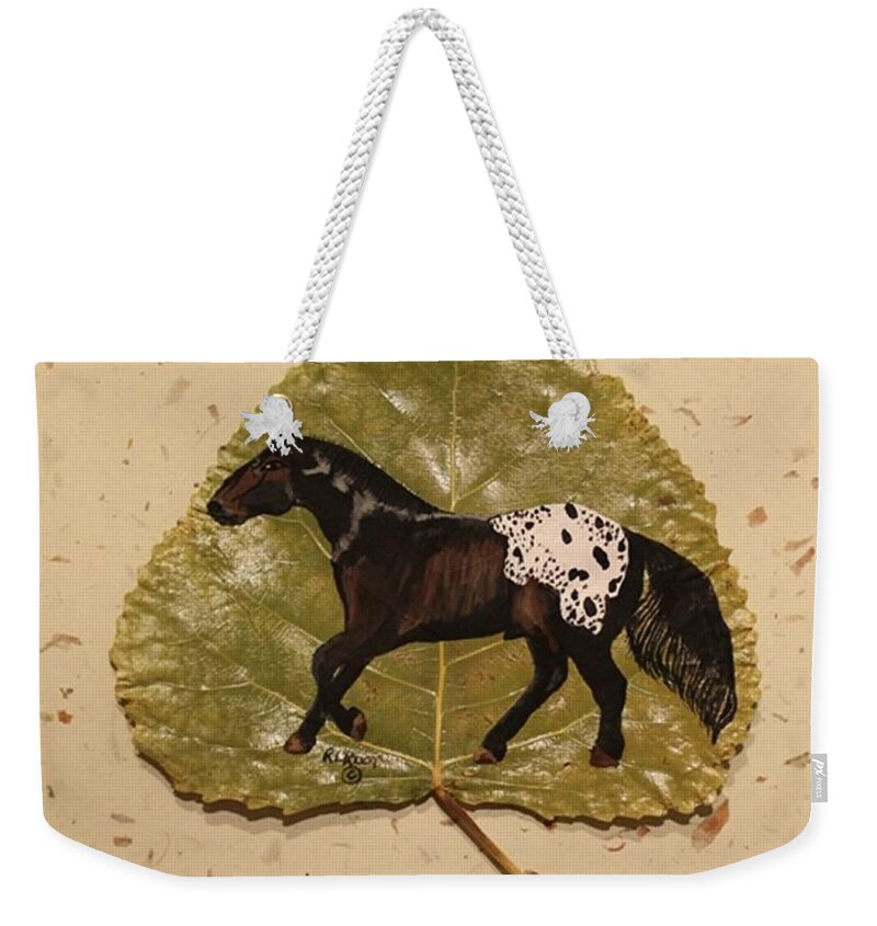 Mustang Weekender Tote Bag featuring the painting Mustang Appaloosa on Poplar Leaf by Ralph Root