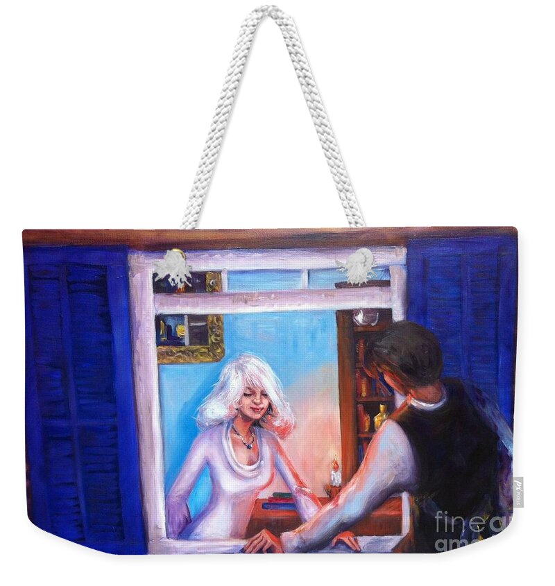 Woman Weekender Tote Bag featuring the painting Intimate Conversation by Beverly Boulet