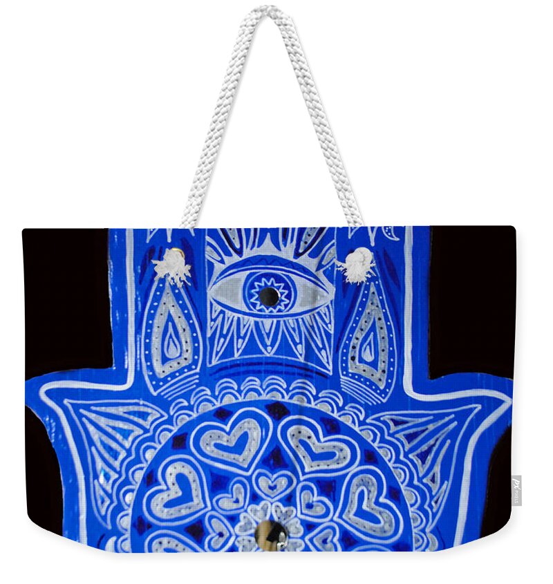 Blue Hamsa Weekender Tote Bag featuring the painting My Blue Hamsa by Patricia Arroyo