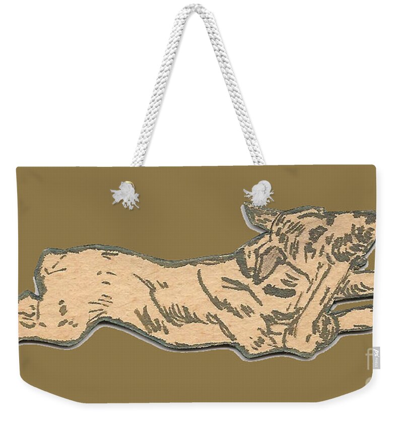 Elna Brodie Niccolls Weekender Tote Bag featuring the drawing My Dog Tricksy Chewing a Bone by Donna L Munro