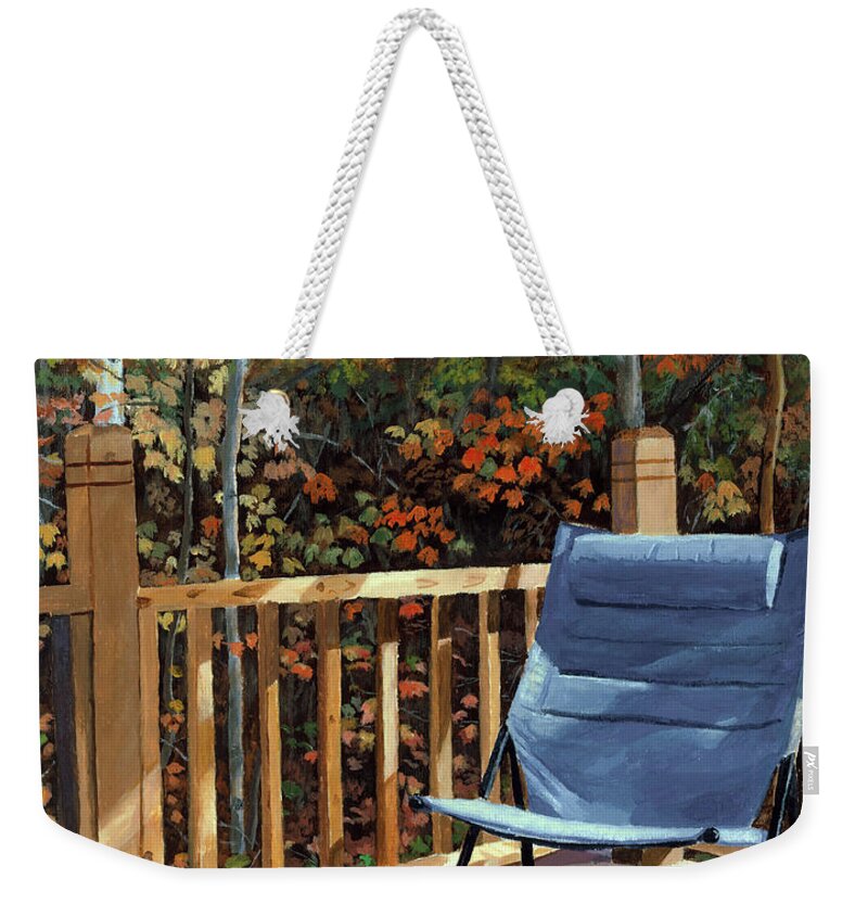 Camp. Fall Weekender Tote Bag featuring the painting My Favorite Spot by Lynne Reichhart