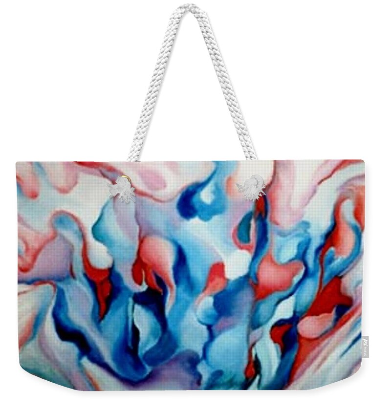 Blue Red White Abstract Artwork Weekender Tote Bag featuring the painting My Garden in the Evening by Jordana Sands