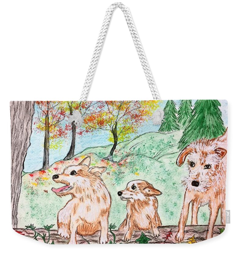Dog Weekender Tote Bag featuring the painting My Three Buddies by Kathy Marrs Chandler