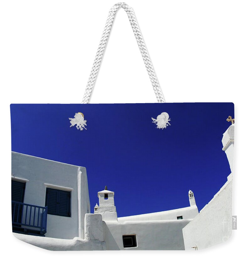 Greece Weekender Tote Bag featuring the photograph Mykonos Greece Clean Line Architecture by Bob Christopher