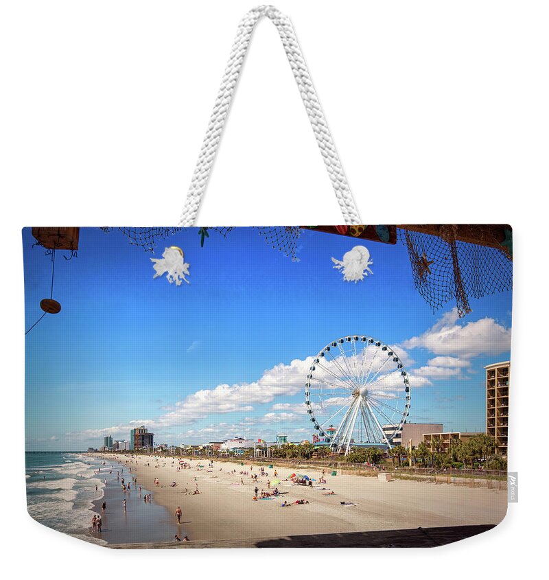 Myrtle Beach Boardwalk Weekender Tote Bag featuring the photograph Myrtle Beach Boardwalk and Skywheel by Bill Swartwout