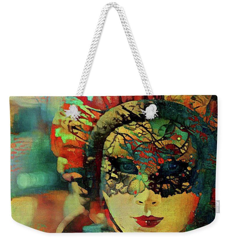 Mysterious Weekender Tote Bag featuring the mixed media Mysterious mask by Lilia D