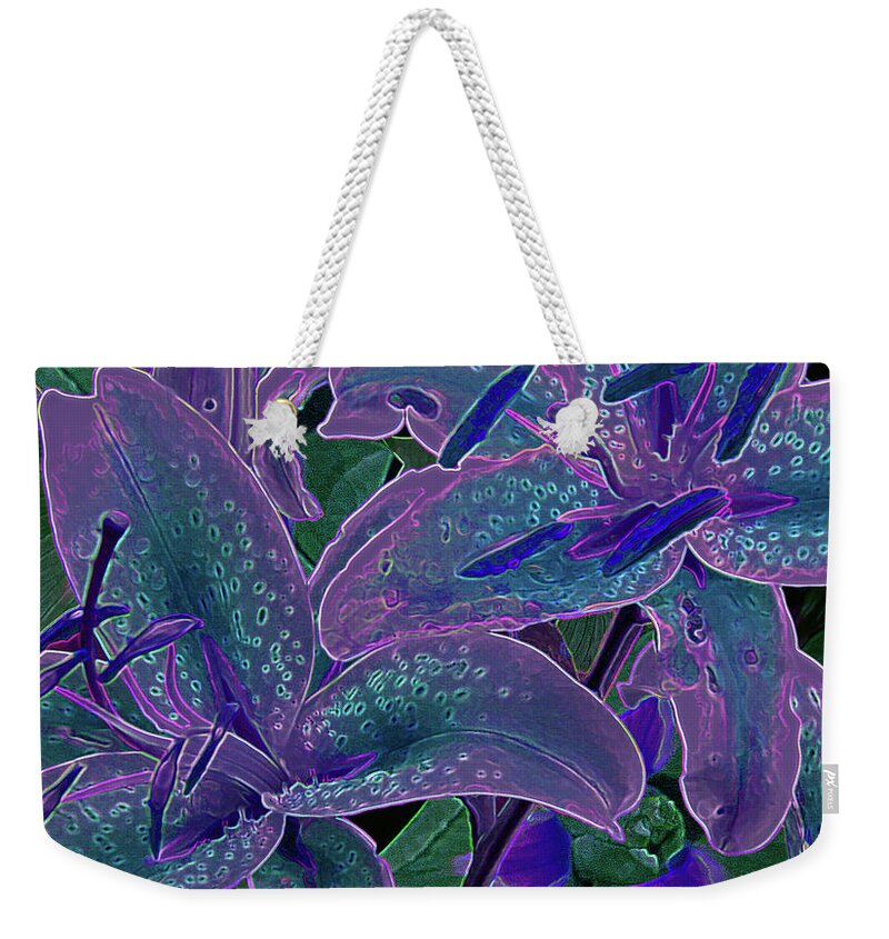  Lilies Weekender Tote Bag featuring the mixed media Mystic Lilies 6 by Lynda Lehmann