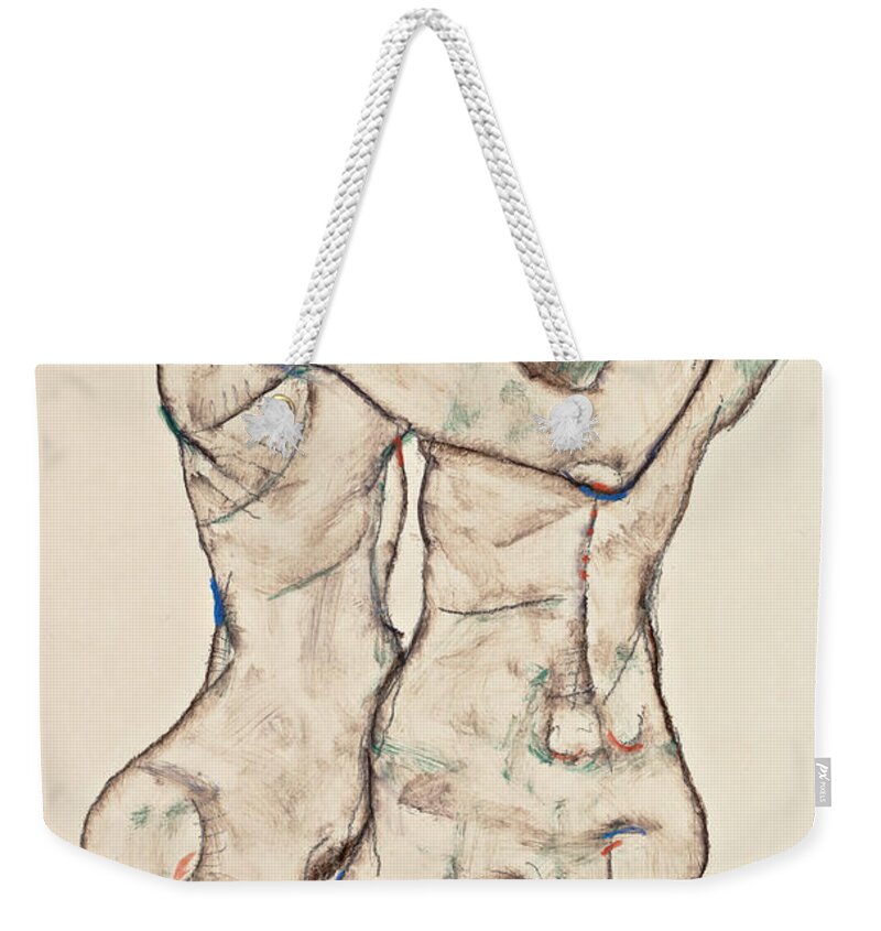 Egon Schiele Weekender Tote Bag featuring the drawing Naked Girls Embracing by Egon Schiele