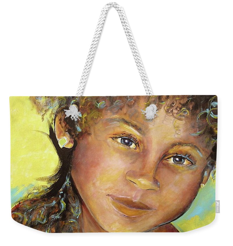 Girl Weekender Tote Bag featuring the painting Nana with blue and yellow by Jodie Marie Anne Richardson Traugott     aka jm-ART