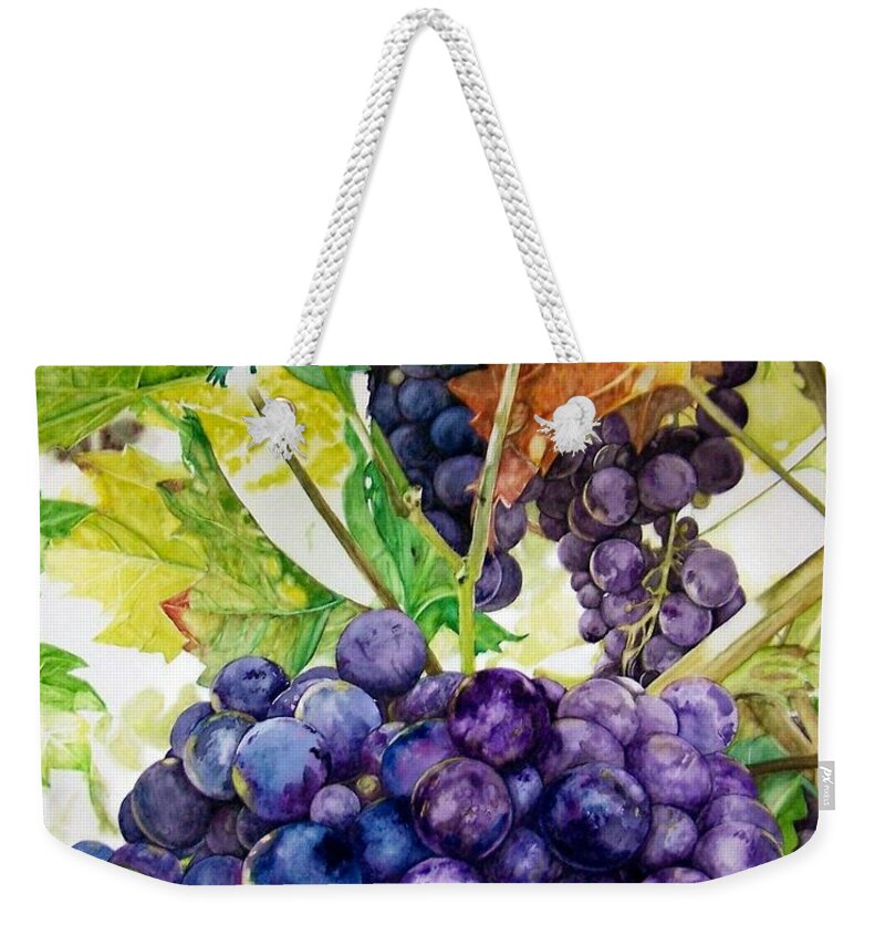 Grapes Weekender Tote Bag featuring the painting Napa Harvest by Lance Gebhardt