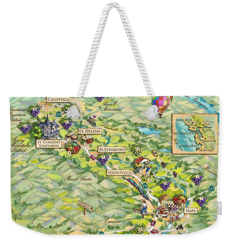 Napa Valley Weekender Tote Bag featuring the painting Napa Valley Illustrated Map by Maria Rabinky