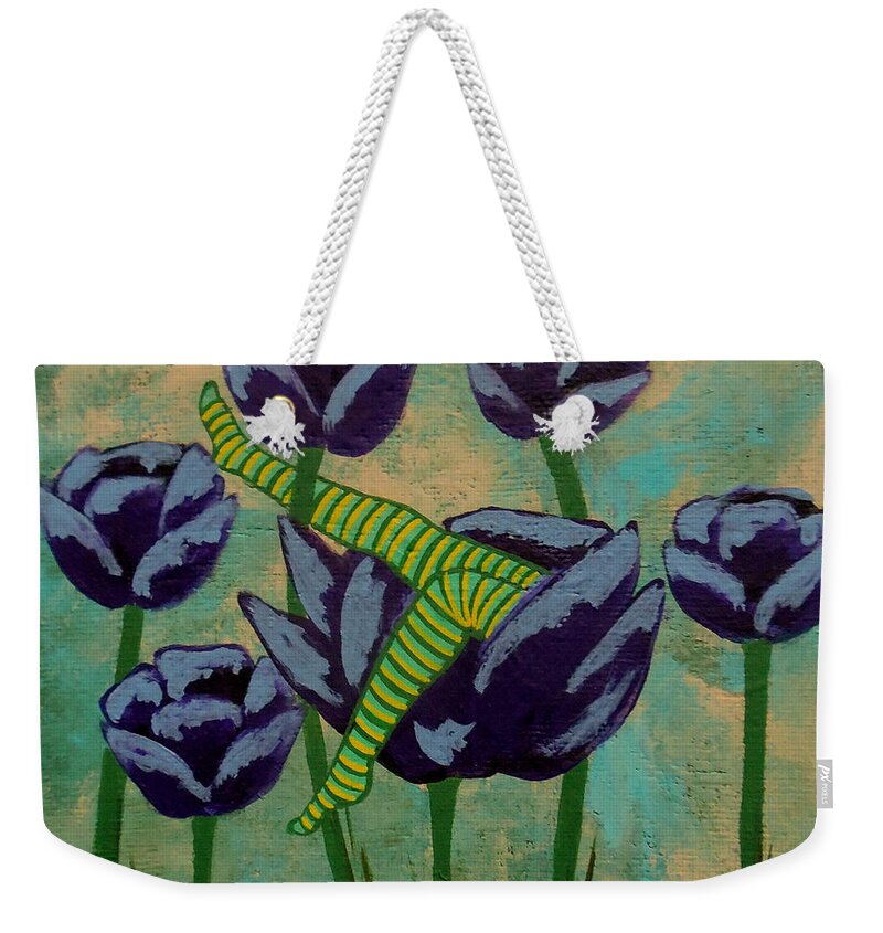 Fairy Weekender Tote Bag featuring the painting Fairy Napping in the Purple Tulips by Jean Fry