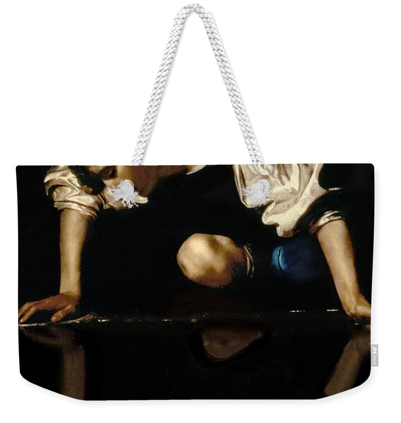 Narcissus Weekender Tote Bag featuring the painting Narcissus by Caravaggio