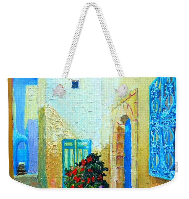 Blue Weekender Tote Bag featuring the painting Narrow street in Hammamet by Ana Maria Edulescu